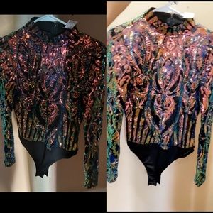 Sequin multi-color see through bodysuit .